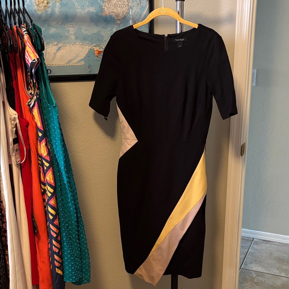White House Black Market Black Dress with Gold and Cream Accents